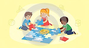 Kids Playing Puzzle, Children Teamwork, Education Concept