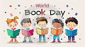Illustration of diverse children reading books with World Book Day text above.