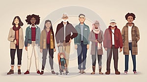 Illustration of a diverse group of people standing together, showcasing a range of ages, ethnicities, and styles