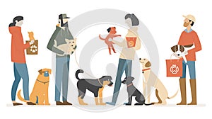 An illustration of diverse people interacting with various dogs, showcasing different breeds and activities related to pet care