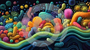Illustration of diverse and vibrant microbiome in a healthy human's digestive system