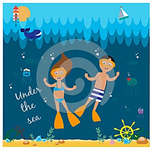 Illustration with diving girl and boy