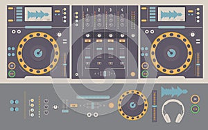 Illustration of dj mixing decks and elements.