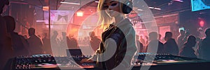 Illustration of A DJ woman playing music at a nightclub is a dynamic and energetic image that captures the vibrant and