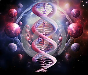 Illustration of a DNA strand floating in a celestial sphere
