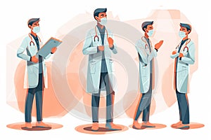 Illustration of a doctor in a coat in different poses. Generative AI