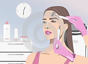 Illustration. A doctor cosmetologist makes a microcurrent facial therapy to a young woman with a device in a beauty wellness salon