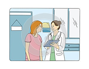 Illustration of doctor and patient talking about examination results