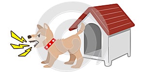 Illustration of a dog barking in front of a kennel