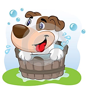 Illustration of a dog bathing in a tub of water