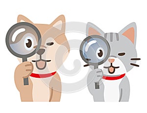 Illustration of a dog and cat looking through a magnifying glass on a white background