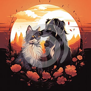 illustration of dog and cat in love on sunset and flowers generative AI