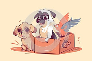 illustration of dog cat parrot with carton box