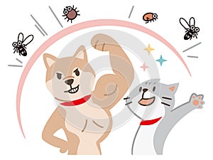 Illustration of a dog and a cat repelling pests on a white background