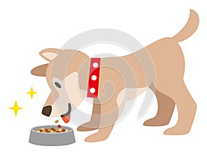 Illustration of a dog eating dog food on a white background