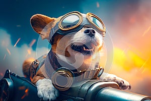 illustration of Dog fighter pilot in aviator goggles. dog pilot jet shooting rockets. Generative AI