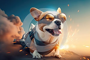 Illustration of dog pilot in aviator goggles. Dog pilot jet shooting rockets. Generative AI