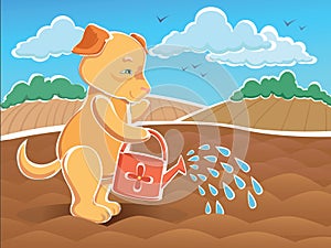 Illustration Dog - watering seedbeds