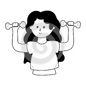 illustration of doodle cartoon woman doing workout with dumbbells.Workout and sports training concept