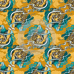 Illustration doodle and paint Tiger walking  on cloud or haven Illustration doodle and paint design for seamless pattern with  yel photo