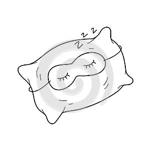 illustration of doodle pillow in a sleep mask in hand drow style. Healthy sleep concept