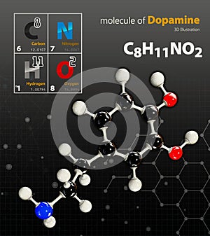 Illustration of Dopamine Molecule isolated black background