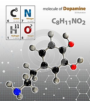 Illustration of Dopamine Molecule isolated grey background