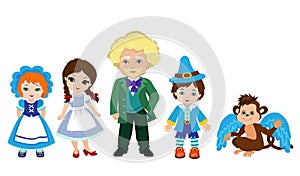 Illustration of Dorothy and the characters of the Emerald City. Wizard, flying monkey and munchkins.