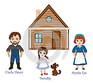 Illustration of Dorothy and her family. Uncle Henry, Auntie Em on background of the house.