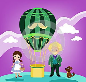 Illustration of Dorothy, wizard of the Emerald City and its balloon.
