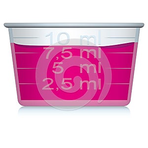 Illustration of dosing cup packaging object with liquid, cosmetic, medicine, supplement and vitamins
