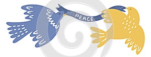 An illustration of doves flying with a peace ribbon. Symbolizes peace, stopping the war, truce, hope. Isolated objects