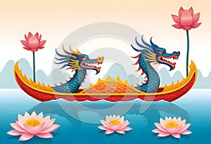 an illustration of a dragon boat with two dragons and lotus flower on lake with mountain background
