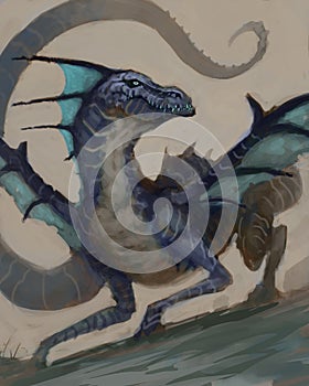 Illustration of dragon creature taking flight in a foggy environment - digital fantasy painting