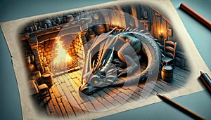 Illustration of a dragon inside a fantasy tavern