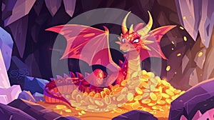 An illustration of a dragon protecting a gold pile in a cave and a fantasy character guarding a treasure in a mountain