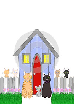 Illustration drawing of a cat family in front of a house