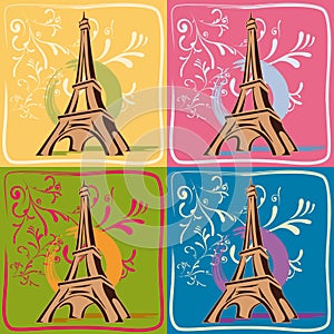 Illustration Drawing of the Eiffel Tower in Paris with Foliage and Frame on a Yellow Background, 4 Hand Drawn Designs, Pop Art