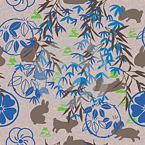 Japanese Mon bamboo Fuji rabbit brown blue fabric seamless pattern photo