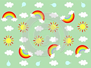 This illustration draws rainbow, sun, clouds, raindrops