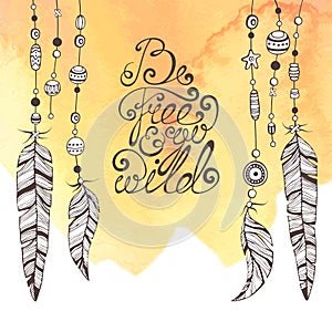 Illustration with dream catcher and motivation lettering on watercolor background