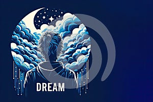 illustration dream concept with a boy with wavy hair dreaming looking at the moon and clouds dripping