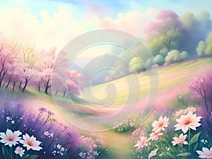 illustration dreamy and fantasy field of flowers landscape painted in a watercolor style.