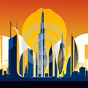 Illustration of Dubai city skyline with skyscrapers at sunset. AI Generated