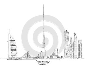 Illustration of the Dubai skyline: Al Arab hotel, Burj Khalifa and Jumeirah beach hotel buildings.