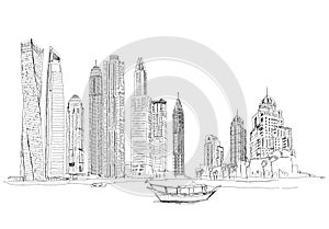 Illustration of the Dubai skyline: Al Arab hotel, Burj Khalifa and Jumeirah beach hotel buildings.