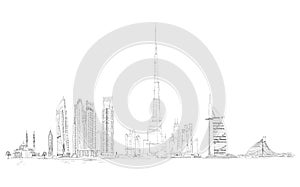 Illustration of the Dubai skyline: Al Arab hotel, Burj Khalifa and Jumeirah beach hotel buildings.