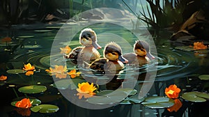 Illustration of ducklings eagerly participate in a ring toss game