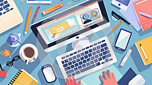 Illustration of a dynamic web developer& x27;s flat lay workspace featuring a variety of gadgets and tools