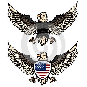 Illustration of eagle with american flag. Design element for poster, flyer, emblem, sign.